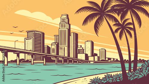 Miami skyline with bridge, water, and palms. Ideal for showcasing urban scenery, travel destinations, or city landscapes in design projects.
