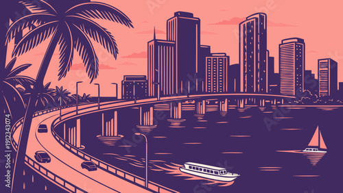 Miami skyline with palm trees, water, and iconic silhouette. Perfect for travel blogs, city advertisements, and floridathemed designs.