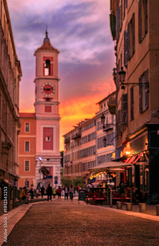 Obraz premium The Caserne Rusca clock tower in the Old Town, Vieille Ville of Nice in France
