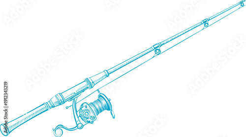 A detailed illustration of a fishing rod, showing the reel and the structure with a teal hue