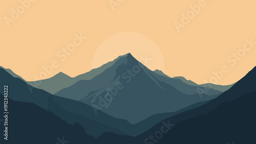 Minimal mountain landscape, flat vector style, midnight blue and warm beige, simple shapes, landscape vector illustration