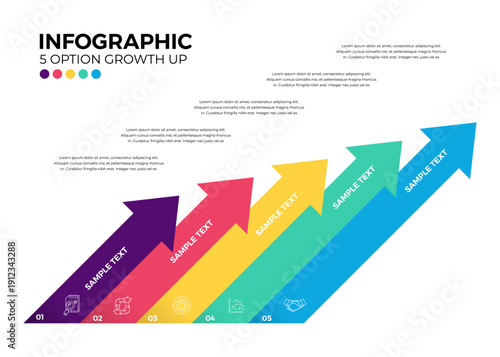 Infographic 5 steps arrow direction of business growth, for presentation, banner, communication, annual, web. Vector editable