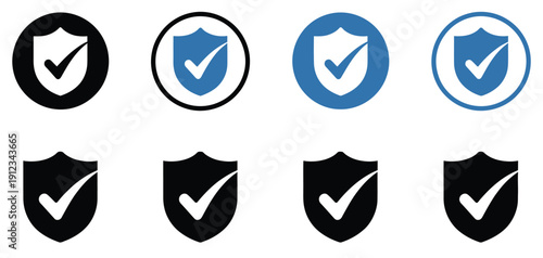 Security shield and check mark icon collection, protection, verification, and safety symbols, secure system and defense illustrations,