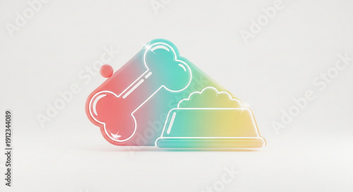 Rainbow dog bone and food bowl icon on white background