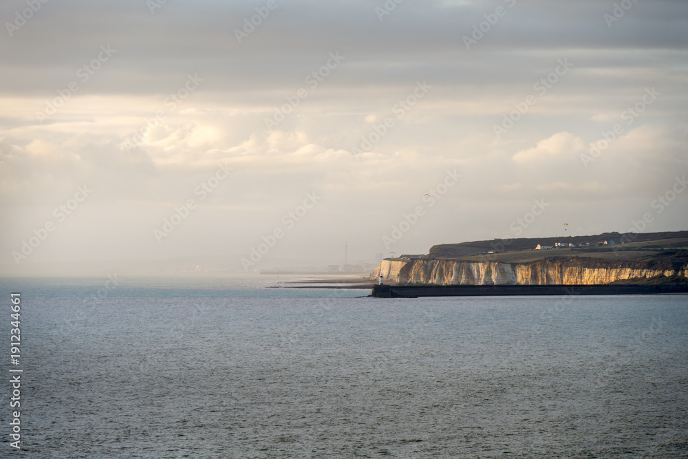 Obraz premium View of the chalk cliffs of Newhaven and Newhaven habour in winter, East Sussex, England