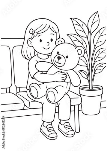 coloring book girl hugging a teddy bear in a hospital waiting room