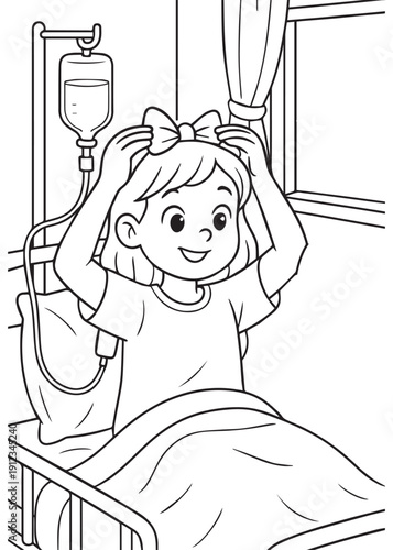 coloring book girl in a hospital bed with an IV playing with a hair ribbon