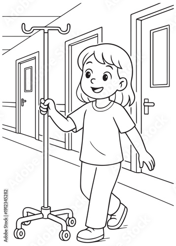coloring book girl walking along a hospital corridor pushing an IV stand