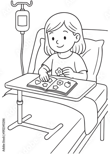 coloring book girl eating and coloring at a patient bedside tray