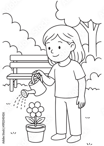coloring book girl watering plants in the hospital garden