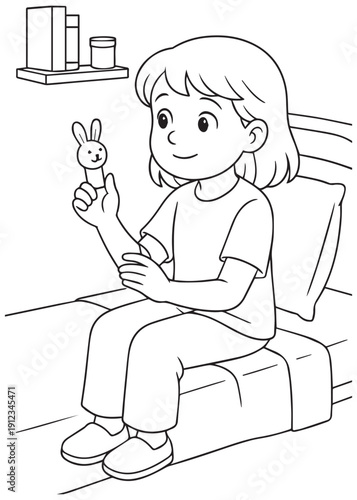 coloring book girl playing with finger puppets on a hospital bed