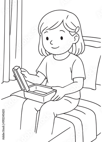coloring book girl opening a lunch box in the hospital care room