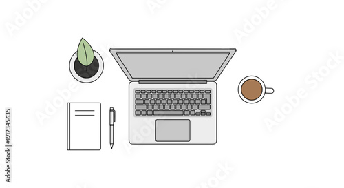 Productivity Concept – Minimal Workspace with Coffee Cup and Open Laptop in Top-View Monoline Vector