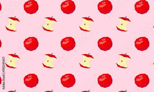 Seamless pattern of red apples and apple cores on soft pink background, flat vector illustration.