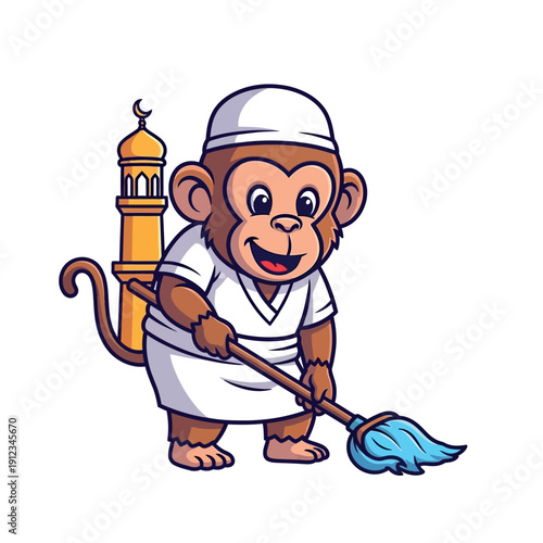 Cartoon monkey in white Islamic outfit holding a broom with a mosque behind on a white background.