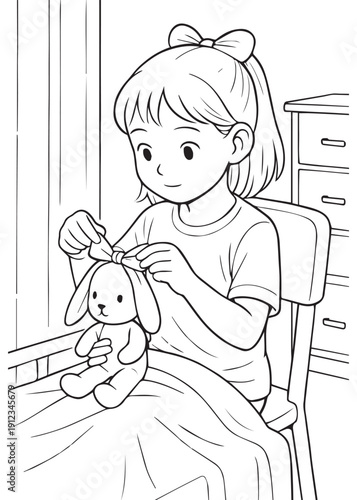 coloring book girl sewing or embroidering a doll in the hospital room