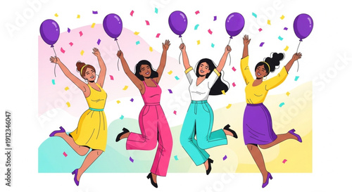 Diverse group of women celebrating with balloons and confetti
