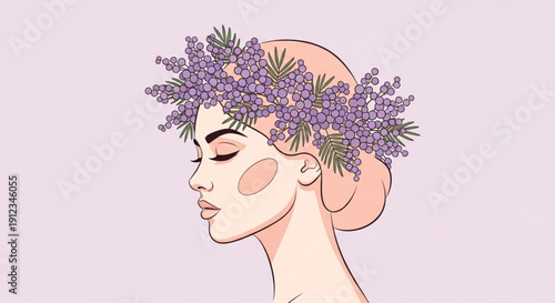 Woman with flowers in hair enjoying relaxation and serenity