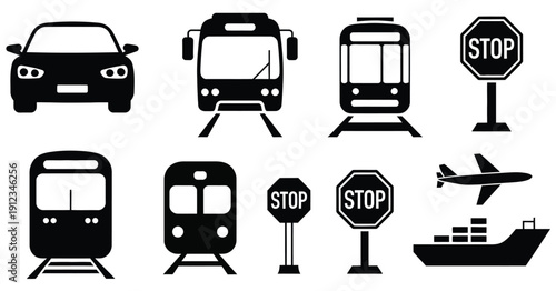 Transportation icons set, including car, bus, truck, plane, train, ship, and taxi symbols, editable vector illustrations, flat and line style, modern travel, logistics, and vehicle concept for digital