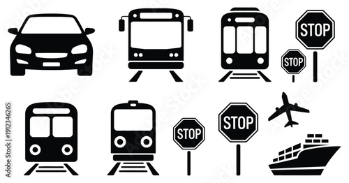 Vehicle and transportation icon collection, car, bus, truck, airplane, train, ship, and taxi symbols, editable vector set, flat and stroke style, modern travel, delivery, and mobility concept