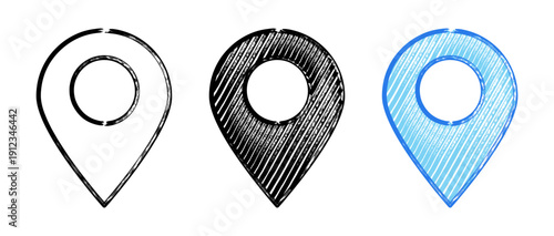 Hand drawn location pin in marker style. Vector textur illustration of map marker symbol in outline and scribble versions for navigation design, travel graphics and map interfaces.