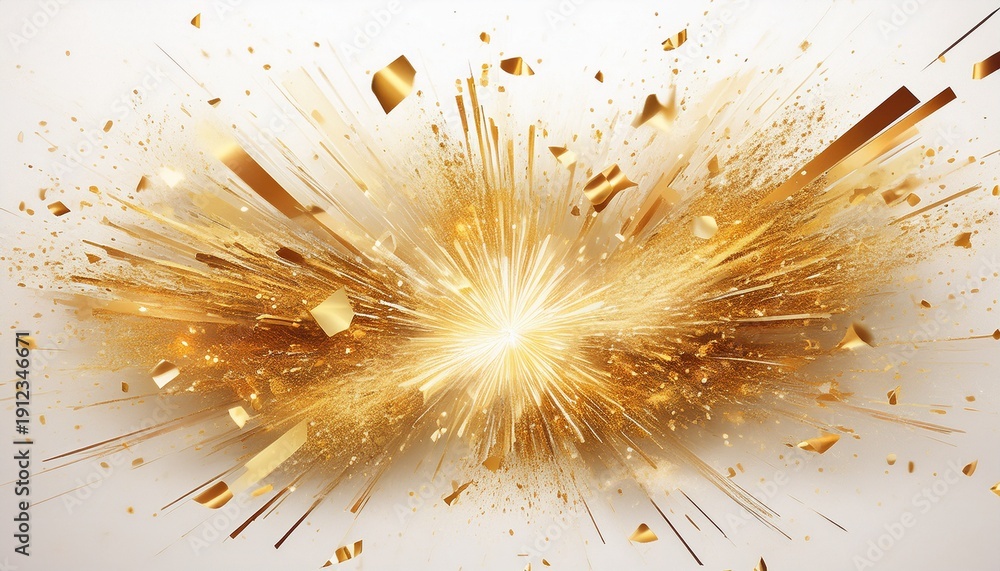 Obraz premium a burst of golden glitter and confetti exploding outwards from a central point creating a dynamic and celebratory effect on a white background
