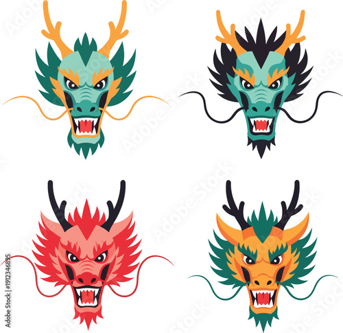 Set of Four Stylized Mythical Dragon Heads