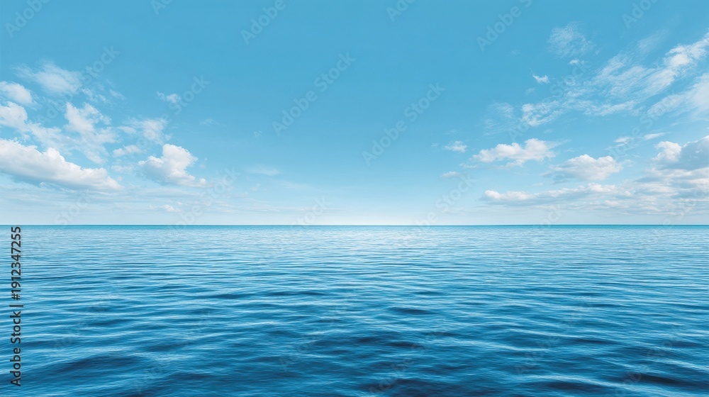 Fototapeta premium Tranquil Blue Ocean with Gentle Waves Under a Clear Sky and Wispy Clouds in a Serene Atmospheric Landscape of Endless Horizons