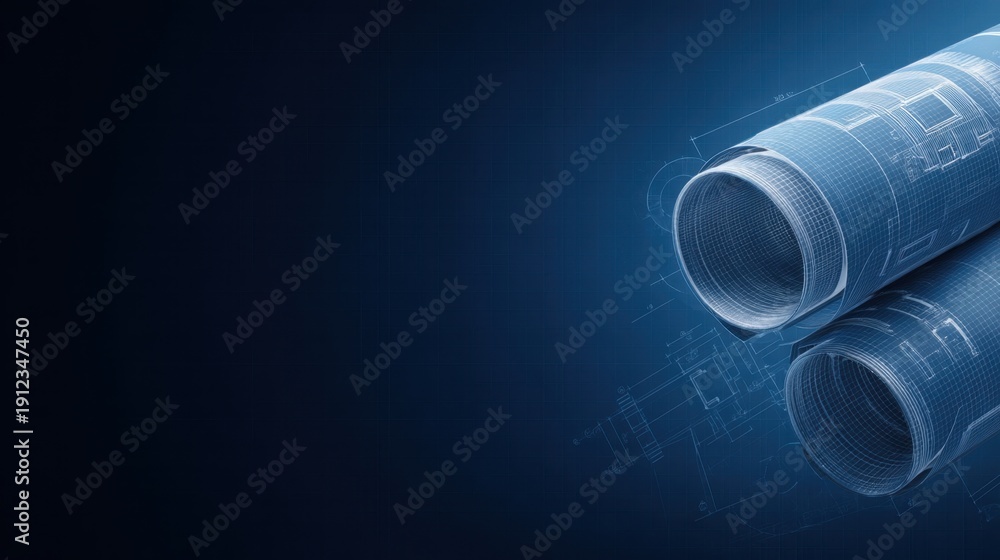Fototapeta premium Blueprint Roll with Technical Drawings and Digital Design Elements on a Dark Blue Background for Innovative Architectural and Engineering Projects