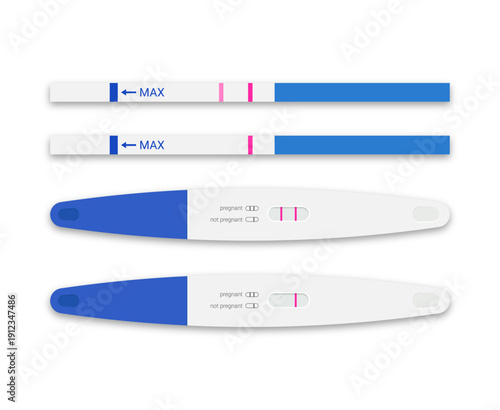 Pregnancy test. Plastic and paper tests. Pregnancy or ovulation positive and negative test with top view isolated on white background.
