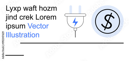 Energy efficiency, billing, power consumption, renewable energy, payment systems, utility savings. Plug with lightning bolt and dollar symbol. Energy efficiency and billing concept