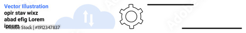 Cloud icon with bidirectional arrows, gear symbolizing settings, text elements. Ideal for cloud computing, data synchronization, technology branding, app development, IT services, automation simple