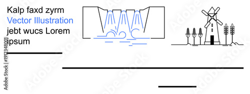 Renewable energy, farming, water management, clean energy, rural infrastructure, sustainability. Windmill beside trees and hydropower dam with water flow. Renewable energy and farming