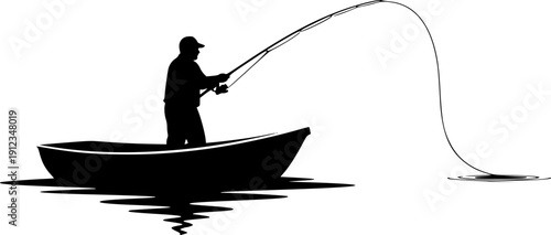 silhouette of a fisherman fishing on a boat vector art illustration isolated on transparent background.
