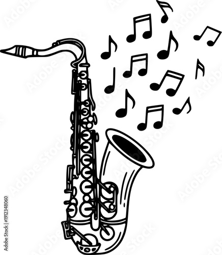 Saxophone Live Music cute hand drawn vector icon. Sax burst out musical notes minimal cartoon design element. Music Festival joyful illustration. Jazz Fest live concert event flyer, banner background