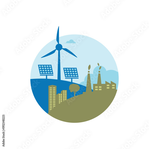 Wind Turbine Farm in Green city and industrial Vector Illustration