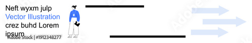 Business strategy, communication, workflow processes, teamwork, decision-making, and direction. A person with a document and arrows a path. Business strategy and communication ideas