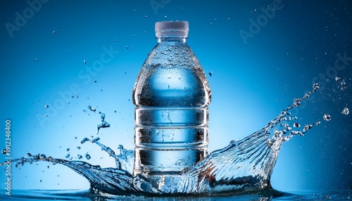 a plastic bottle in the middle and flying splashes and drops of water around a blue