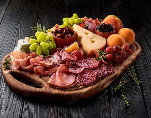 wooden board loaded with cured meats cheeses fruit and herbs