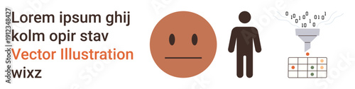 Data processing, emotion , human interaction, artificial intelligence, digital transformation, information filtering. Neutral face, person icon, data funnel processing binary code into structure
