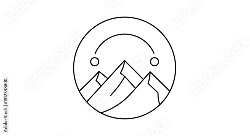 Minimalist mountain peaks with sun and moon in a circular frame.