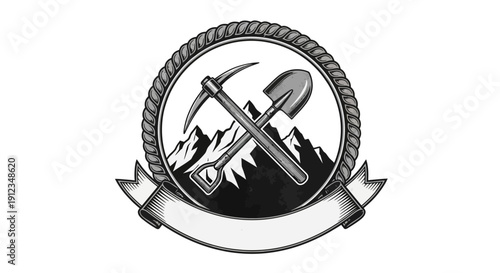 Mining tools and mountains emblem in black and white.