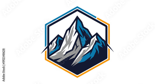 Majestic Mountain Peaks Hexagon Emblem Design.