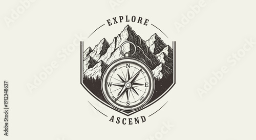 Vintage Outdoor Adventure Emblem with Mountains and Compass.