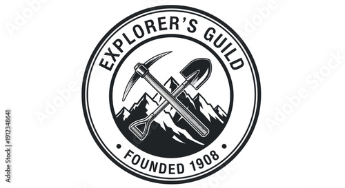 Vintage Explorers Guild Emblem with Pickaxe Shovel and Mountains.