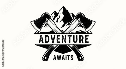 Adventure Awaits emblem with crossed axes and mountain peaks.
