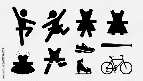 Paper dolls vector silhouette collection featuring dancing figures, dresses, ice skates, baseball bat and bicycle for sports and activity themed cutouts and scrapbooking projects.