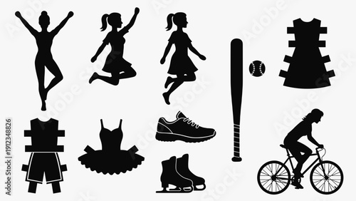 Paper dolls vector silhouette collection of female athletes in various sports poses including gymnastics, ballet, cycling, baseball, and ice skating with sports equipment.