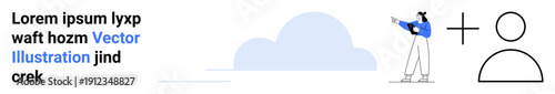 Person engaging with abstract plus sign and user icon near placeholder text and a cloud backdrop. Ideal for teamwork, collaboration, user interface, design concept, team growth, communication, simple