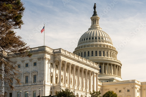 Tableau sur toile Washington, DC, USA - March 21st 2024 - The upper part of the capitol building in Washington, DC, with the American flag on top